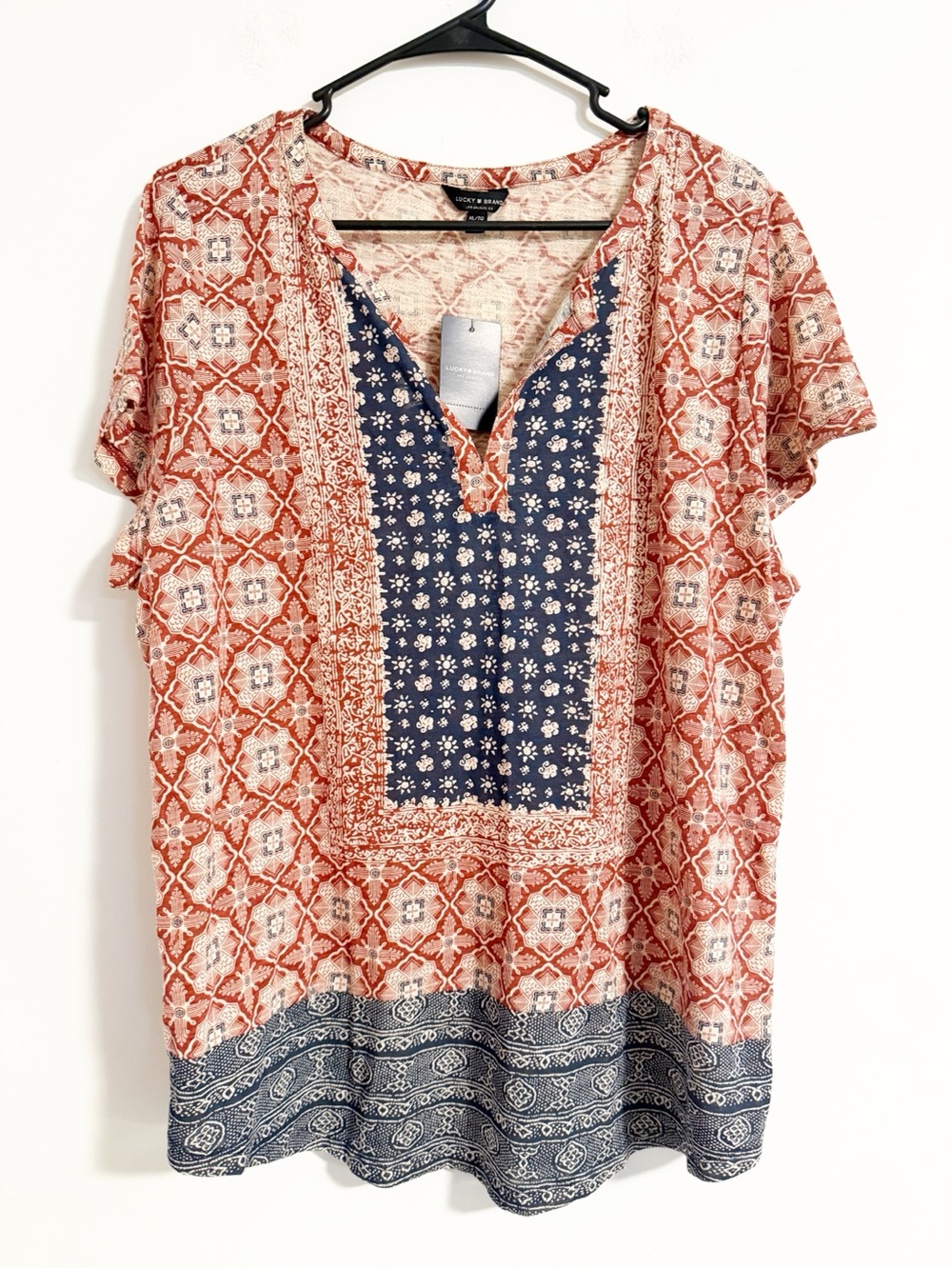 Lucky Brand NWT Boho Geo Floral Short Sleeve V-Neck Top XL Blue Cotton Modal